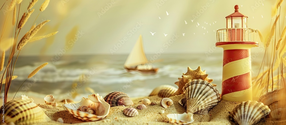 Poster vintage style composition with nautical elements like seashells a lighthouse and a boat set against 