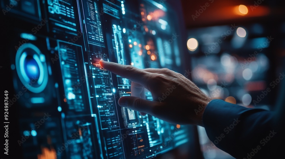 Poster technologist interacting with futuristic interface - a hand reaches out to touch a futuristic interf