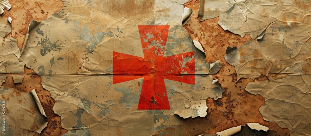 Poster conceptual emergency plan symbol displayed on torn paper against a brown background with copy space 