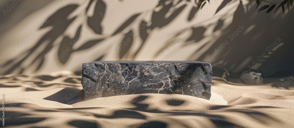 Poster ideal for showcasing beauty products a square stone podium stands on sand with leaves casting shadow