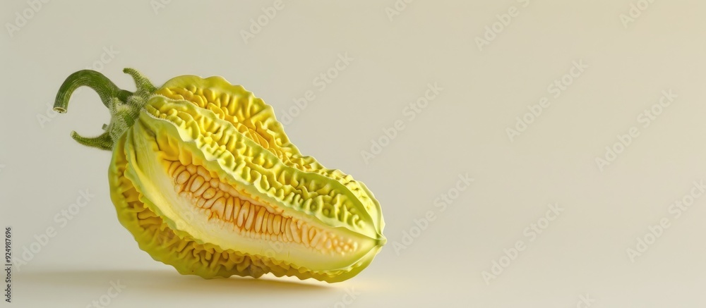 Poster a close up image depicting a raw bitter melon on a white background with space for text also recogni