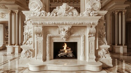 Naklejka premium Elegant fireplace with ornate marble surround and burning fire.