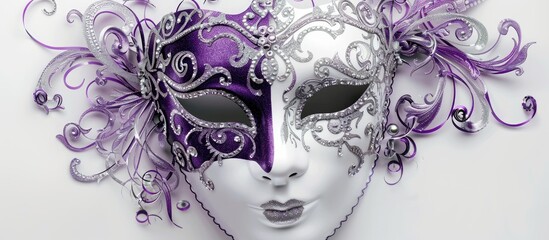 An eye catching high quality copy space image featuring exquisite purple and silver masquerade masks with intricate designs against a white background ideal for parties and festive occasions