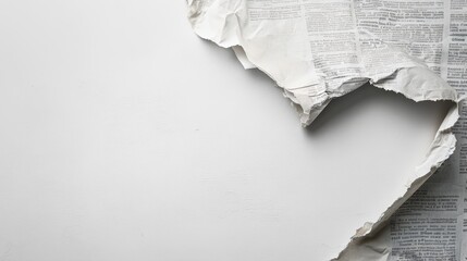 Torn Newspaper Page on White Background - A piece of crumpled newspaper with torn edges is placed on a white background, symbolizing news, information, communication, disruption, and change.