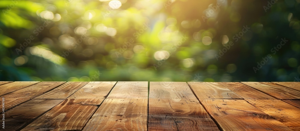 Poster wooden table with no items on top placed against a blurred green background providing ample copy spa