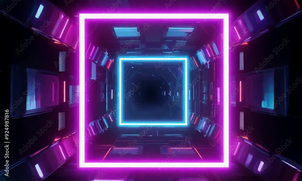 Wall mural looped 3d animation, neon tunnel with rotating square frames