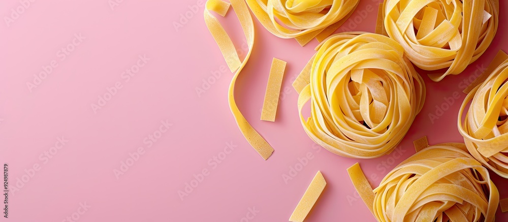 Poster uncooked pasta nests displayed on a pink backdrop with copy space image