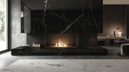 Modern fireplace with black marble surround and a blazing fire.