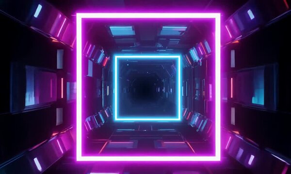looped 3d animation, neon tunnel with rotating square frames