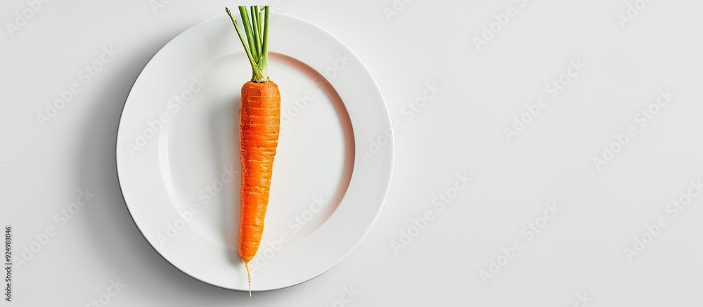 Poster top view of freshly sliced carrot on a white plate with copy space image set against a white backgro