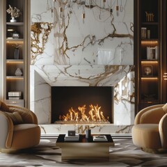 Modern living room interior with a fireplace, two armchairs, and a coffee table.