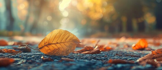 An elegantly fallen leaf rests on the ground with a picturesque background for copy space image depicting the beauty of autumn and the transition to summer