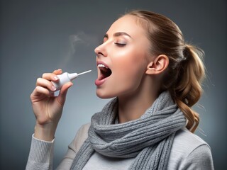 Fototapeta premium Young woman holding a throat spray bottle, spraying into her mouth on a grey background, promoting healthy habits to boost the immune system against viral infections.
