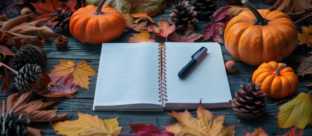 Poster colorful autumn composition with a blank notebook marker pumpkins and woodland elements on a backdro