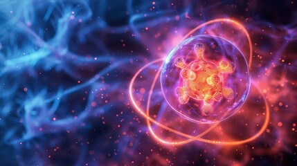 Obraz premium Nucleus of an atom, energy waves, top view, energy at the core, robotic tone, colored pastel, uhd, copy space for text,