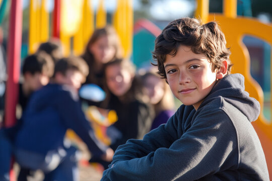 Portrait of a young boy sitting with arms crossed at a playground while his friends are playing in the background