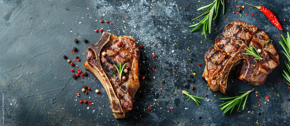Poster tender t-bone steak grilled to perfection on a stone table adorned with fragrant rosemary and spices