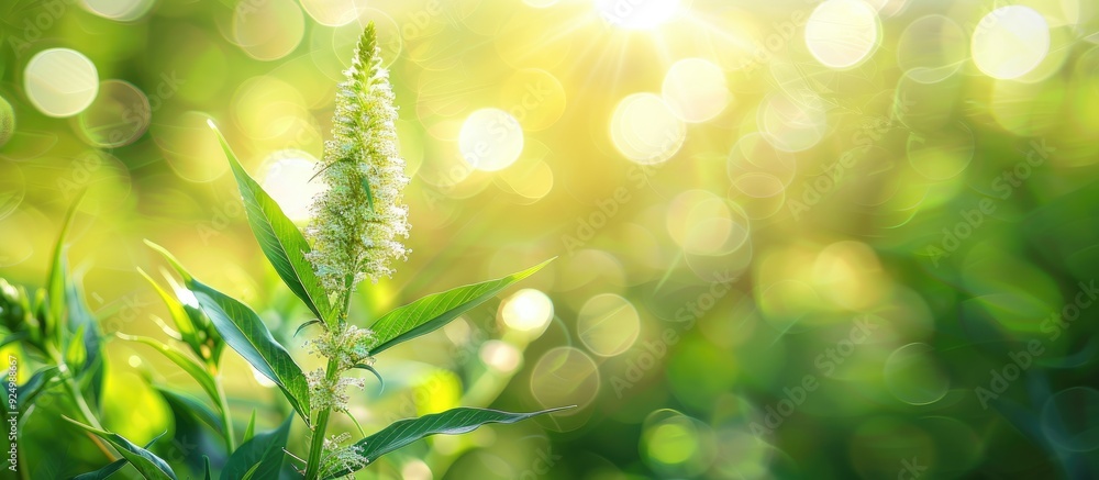 Poster macro close up of wild grass flower with green leaves on the left set against a blurred background p
