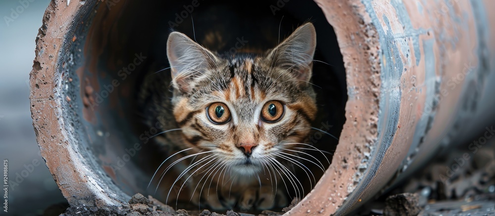 Poster a curious cat emerging from a cement pipe in a captivating copy space image