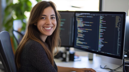 Fototapeta premium A smiling woman seated at her desk in a modern office, with her computer screen displaying lines of code 