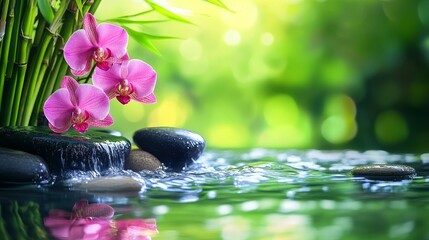 Tranquil Zen Garden with Pink Orchids and Waterfall - A serene image depicting a zen garden with pink orchids, a cascading waterfall, and smooth river stones, symbolizing peace, tranquility, nature, b