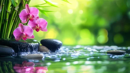Keuken achterwand Spa Tranquil Zen Garden with Pink Orchids and Waterfall - A serene image depicting a zen garden with pink orchids, a cascading waterfall, and smooth river stones, symbolizing peace, tranquility, nature, b  © Tida
