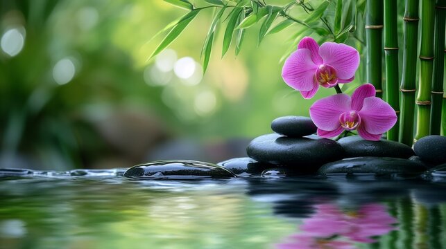 Tranquil Zen Garden with Pink Orchids and Smooth Stones - A serene scene of a Zen garden with pink orchids, smooth stones, and a calming stream. The scene evokes peace, balance, and harmony.