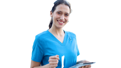 Young female doctor standing in front of her medical clinic and using a digital tablet	
