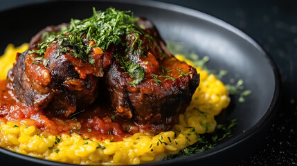A black plate of Osso Buco, featuring tender braised veal shanks in a rich tomato sauce, garnished with gremolata and served with saffron risotto on a black table 
