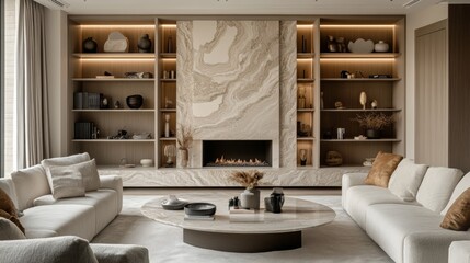 Modern living room with fireplace, marble walls, built-in shelves and white sofas.