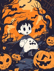 Trick or Treat: Adorable Kid in Halloween Costume with Pumpkins and Bats - A young child dressed in a Halloween costume walks through a spooky forest with a pumpkin-shaped bag, surrounded by pumpkins 