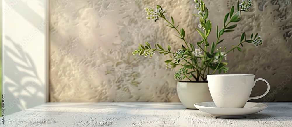 Poster white ceramic mug displayed with matching saucer in an elegant setting with copy space image
