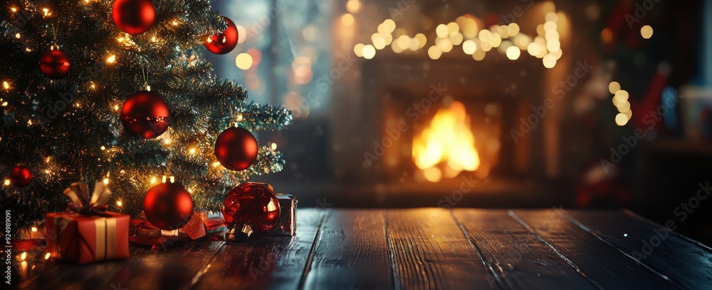 Wall mural Christmas tree with red ornaments, bokeh lights and fireplace on wooden table in dark room with blurred background of home interior.