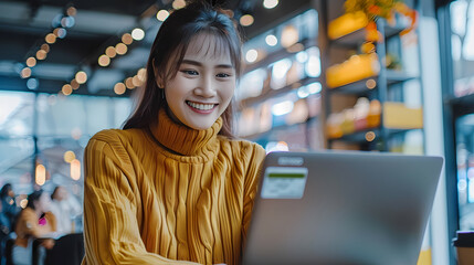 Obraz premium Young asia seller woman happy work on laptop busy cellphone
