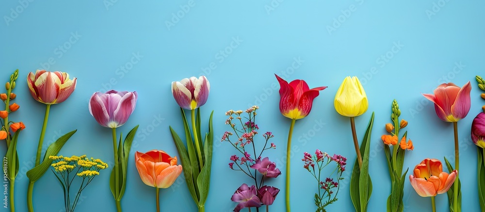 Poster spring tulips and other flowers on a blue background create a vibrant spring banner with ample copy 