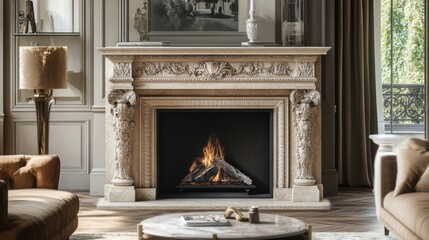 Ornate fireplace with a roaring fire in a luxury living room.