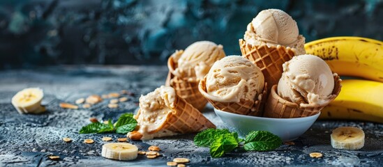 Banana based vegan frozen treats like ice cream sorbet or gelato with fresh bananas mint and waffle cones ideal for a copy space image