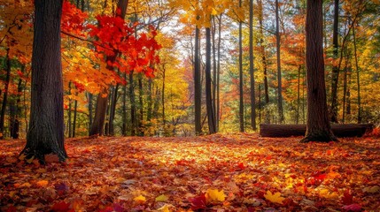 Fototapeta premium Vibrant Autumn Forest Landscape with Golden Leaves - This image showcases a serene autumn forest scene, with sunlight filtering through the trees, illuminating the vibrant fall foliage. The warm color