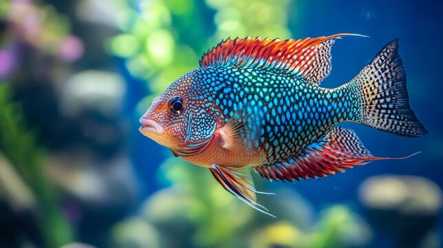 Vibrant Blue and Red Cichlid Fish Swimming in Aquarium - A colorful cichlid fish with blue, red, and orange scales swims gracefully through an aquarium, its fins spread out in a vibrant display of bea