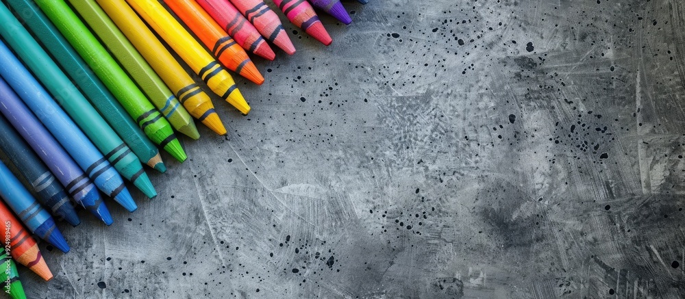 Aufkleber top view of a vast set of colorful crayons arranged on a cement background, suitable for education, 