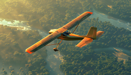 Fototapeta premium Private Small Airplane in Flight – A Sleek Aircraft Captured in Dynamic Motion Against the Sky. Power of Modern Aviation. Ideal for Travel, Adventure, and Aviation-Themed Campaigns. 
