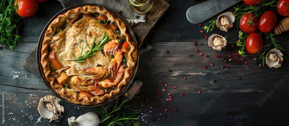 Poster a rustic top view of a seafood pie dish with fresh ingredients set as an appetizing meal on a table 