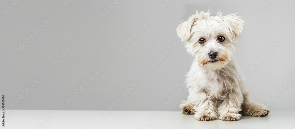 Poster cute maltese dog sitting and gazing at the camera against a white background with a clear area for t