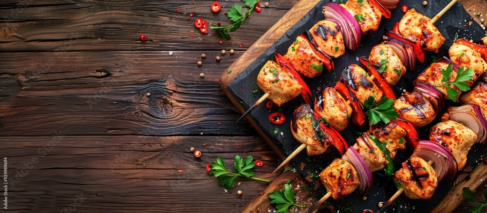 Aufkleber high angle view of chicken skewers with red bell peppers and red onions on a wooden board with copy 