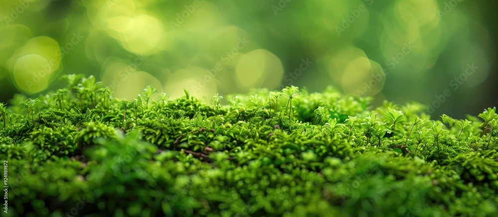Poster close up view of blurred green moss background suitable as a copy space image
