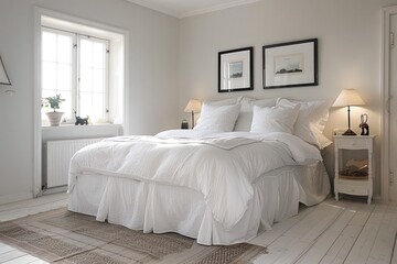 Minimal white bedroom with cozy bedding and elegant touches