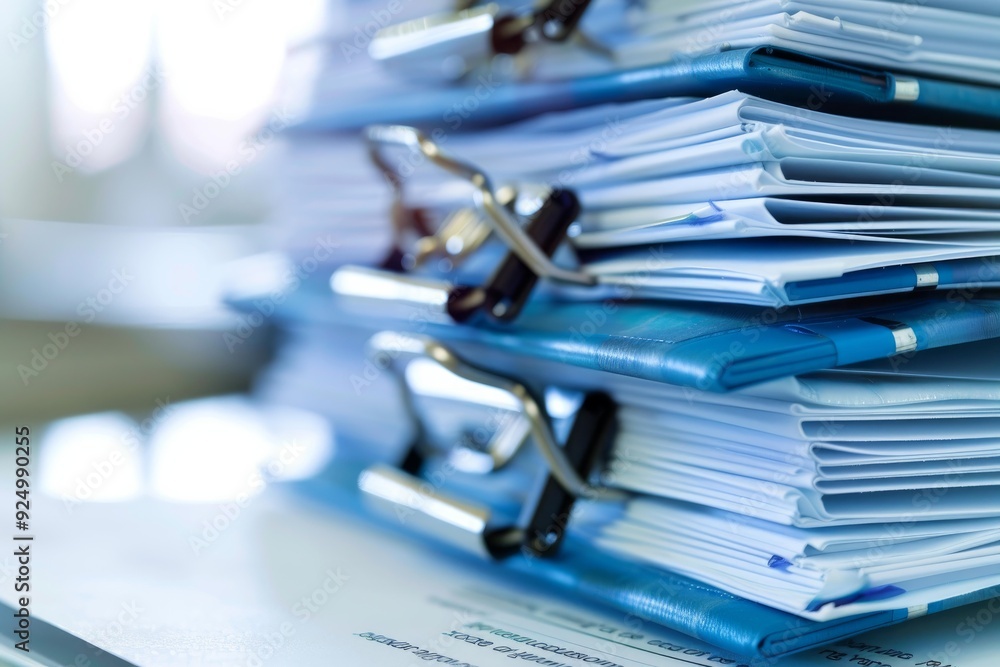 Aufkleber stack of blue folders overflowing with paperwork is waiting to be processed