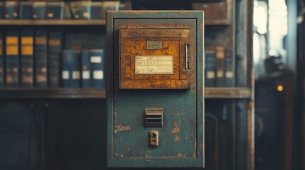 Naklejka premium Vintage Metal Cabinet with Rusty Details in a Library Setting - A close-up of a vintage metal cabinet with a rusty door and a small, worn-out slot. The cabinet is located in a library setting, surroun
