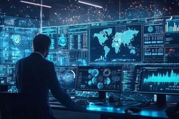 A high-tech financial services office where AI and blockchain are used to manage premium investment portfolios, offering clients high-value, secure, and innovative financial products