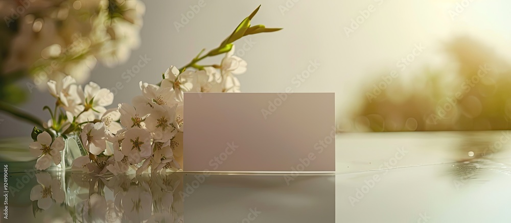 Poster a card with flowers on a glass table displayed as a mock up copy space image with a clipping path